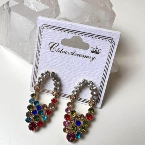 Rhinestone Drop Earrings  Red Blue Green - Picture 1 of 5